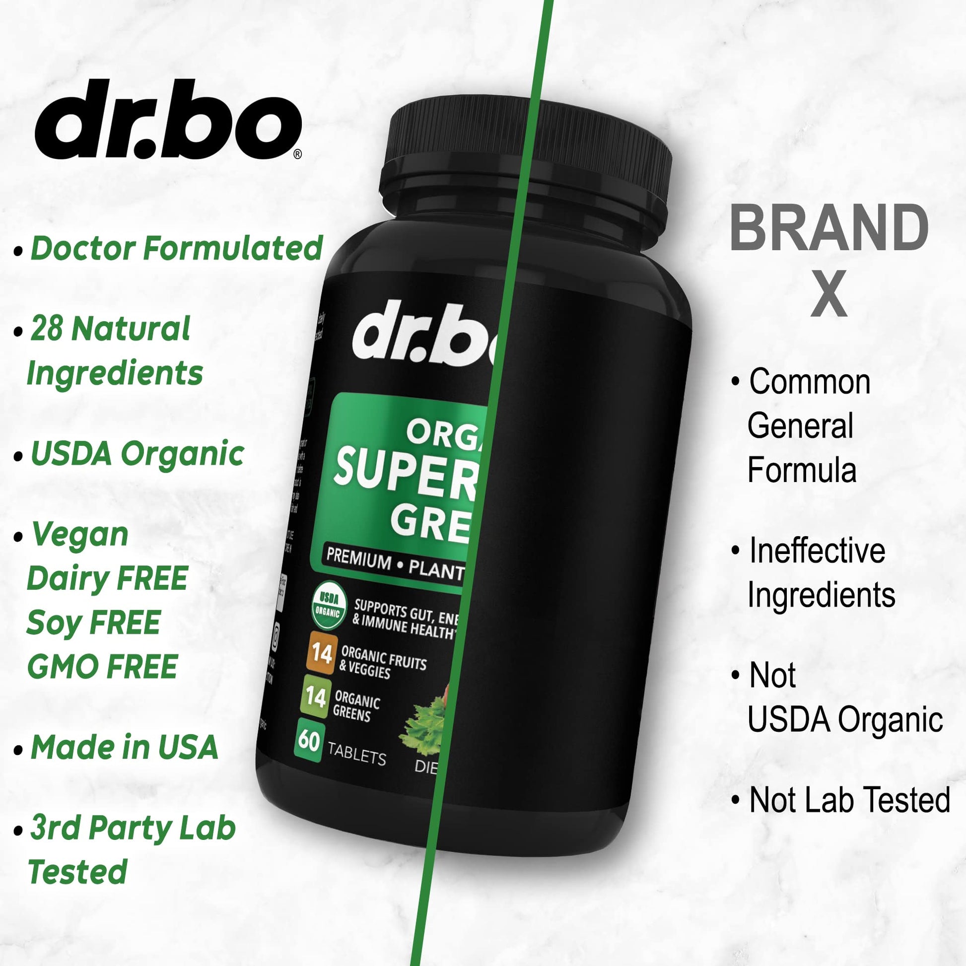 Dr. Bo organic superfood greens bottle showing secure packaging seal