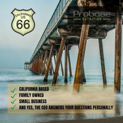 Premium quality seal on imported Probase Nutrition wellness formula showing soy free and dairy free icons.