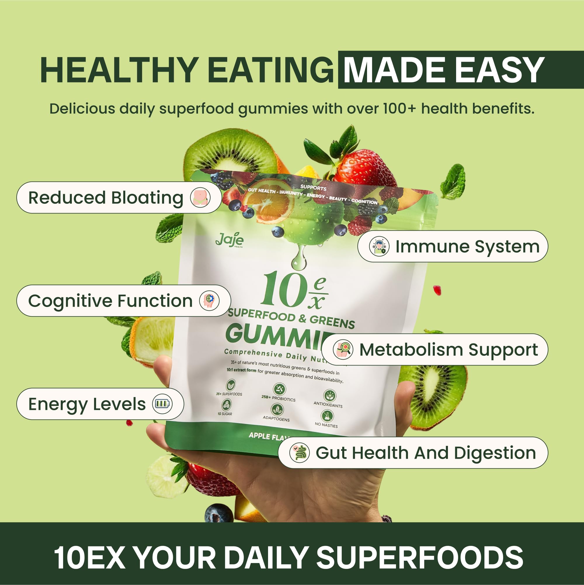 Jaje Health 10EX Superfood Gummies sugar free apple flavored chewables close up.