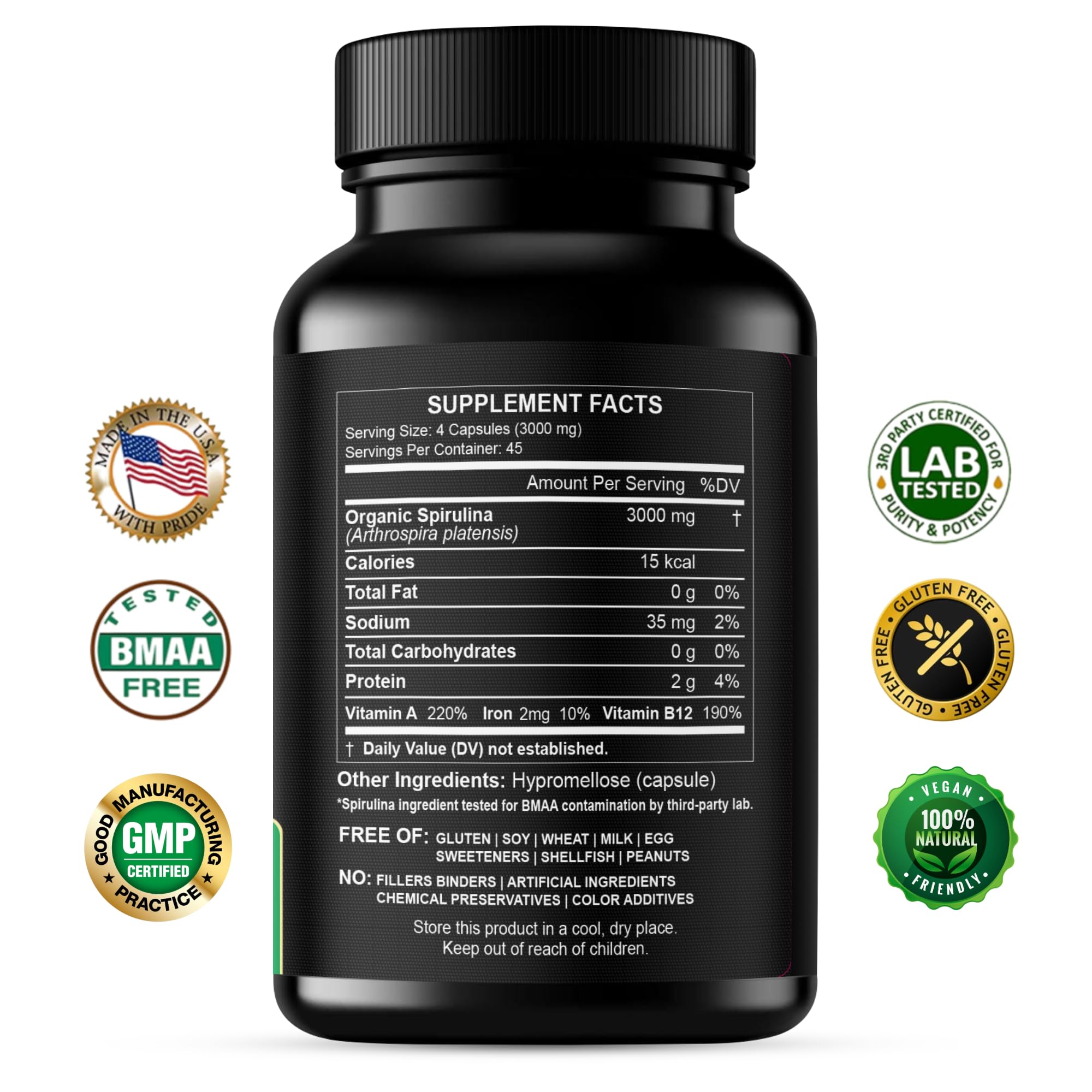 Organic Spirulina Powder 3000 mg supplement label nutritional facts