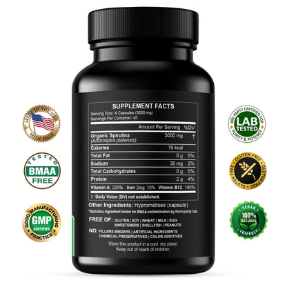 Organic Spirulina Powder 3000 mg supplement label nutritional facts