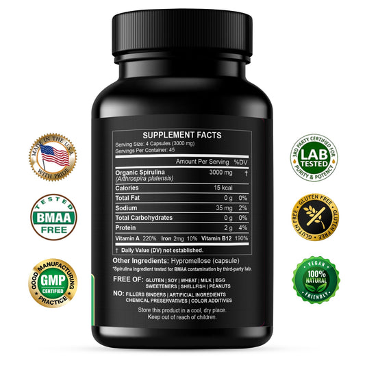 Organic Spirulina Powder 3000 mg supplement label nutritional facts