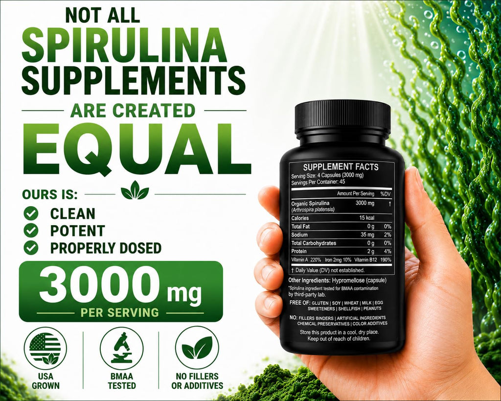 Non irradiated blue green algae vegan protein capsules bottle
