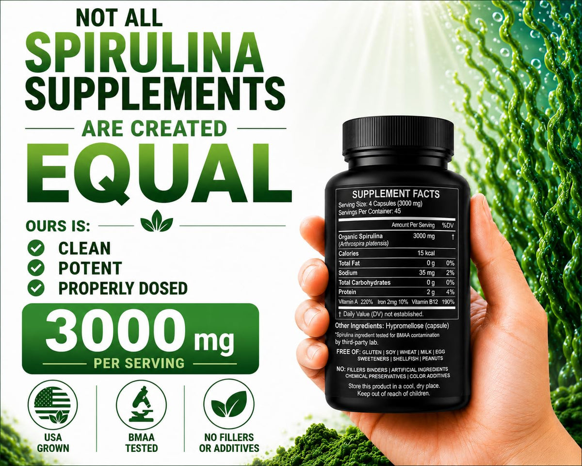 Non irradiated blue green algae vegan protein capsules bottle