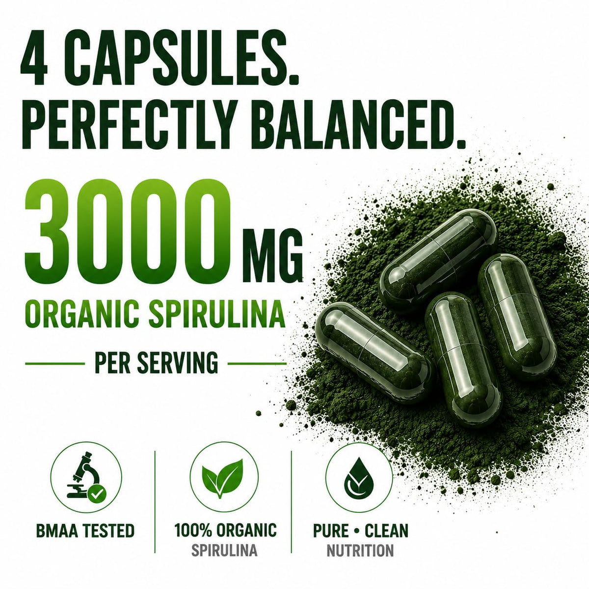 Premium imported USA spirulina veggie capsules packaging details