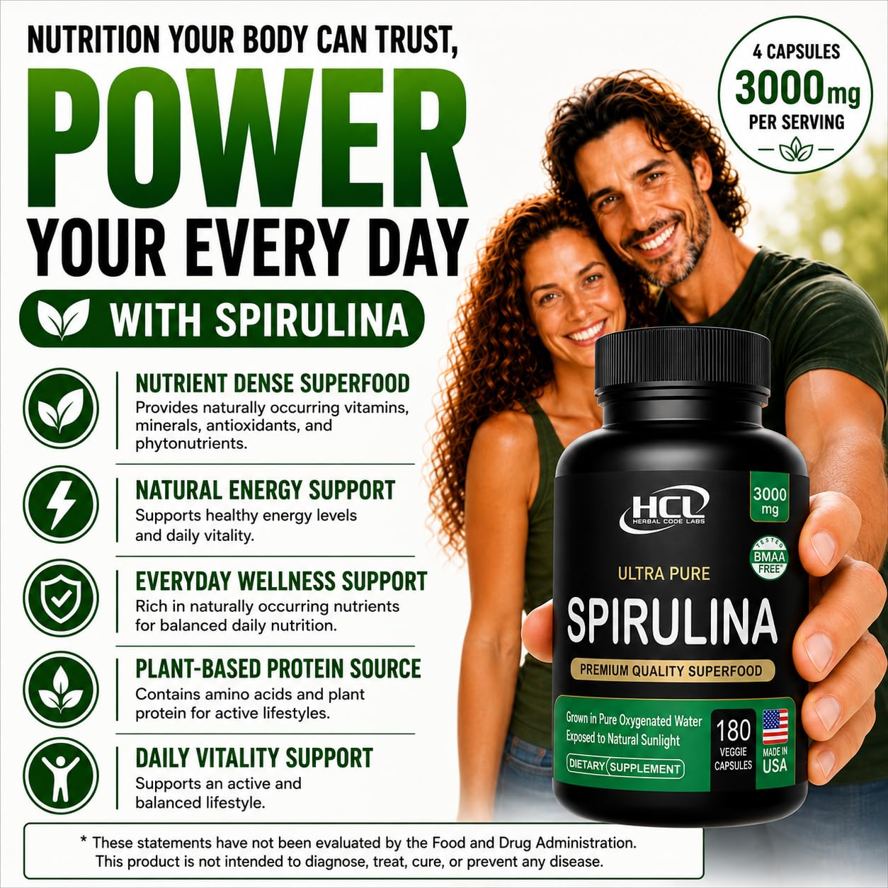 Daily immune support spirulina 180 veggie capsules nutritional panel