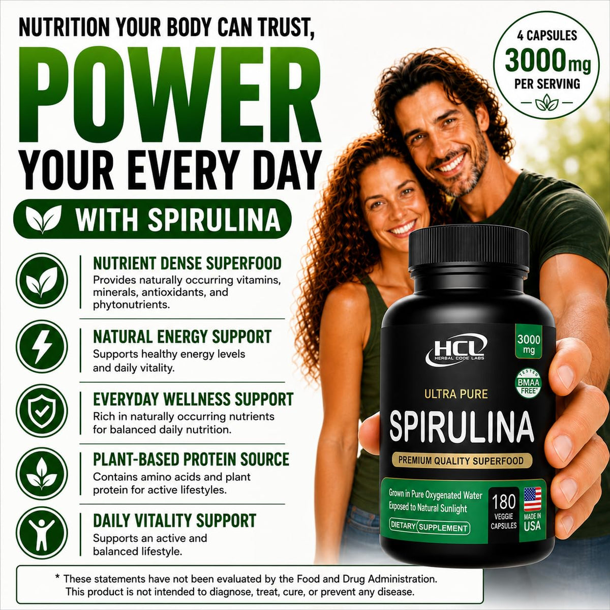 Daily immune support spirulina 180 veggie capsules nutritional panel