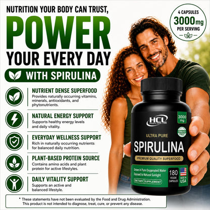 Daily immune support spirulina 180 veggie capsules nutritional panel