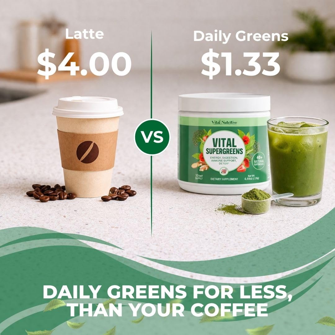 Vital Supergreens container showing 30 day supply icon and gut health benefits
