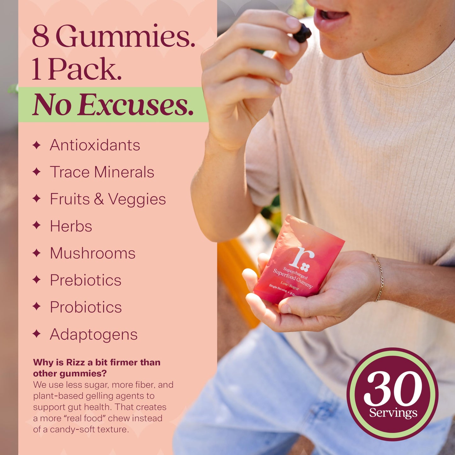 Rizz prebiotic and probiotic supplement bag displaying the six grams of fiber and clean immune support features.