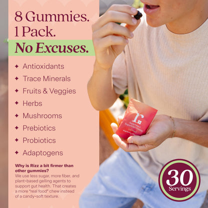 Rizz prebiotic and probiotic supplement bag displaying the six grams of fiber and clean immune support features.