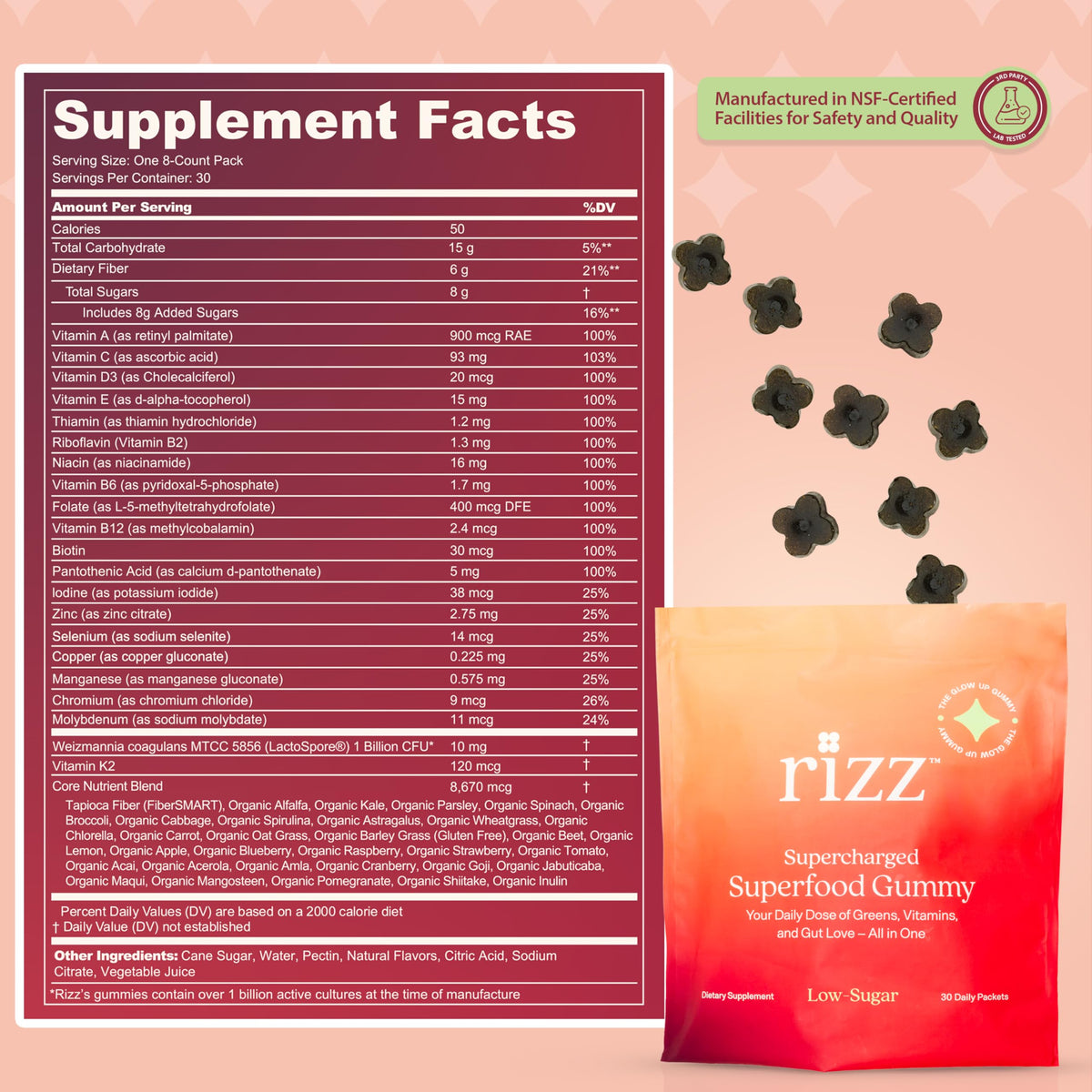 Side view of Rizz daily adult multivitamins emphasizing the allergen-free and zero artificial ingredients quality seals.