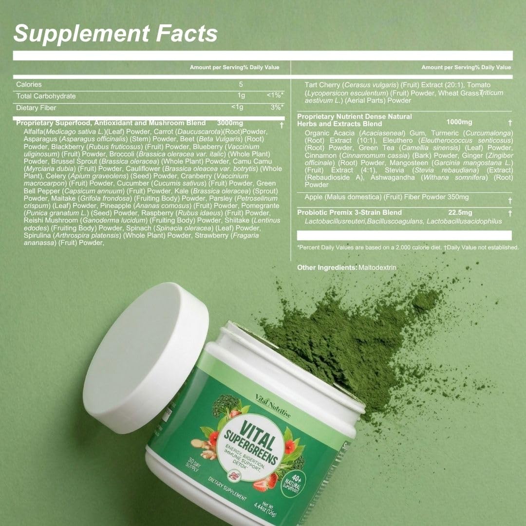 Vital Supergreens container next to fresh green wellness ingredients
