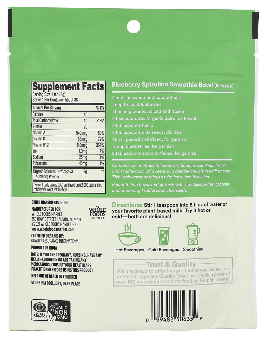 Organic spirulina powder 4 ounce container showing nutritional facts and USDA organic seal