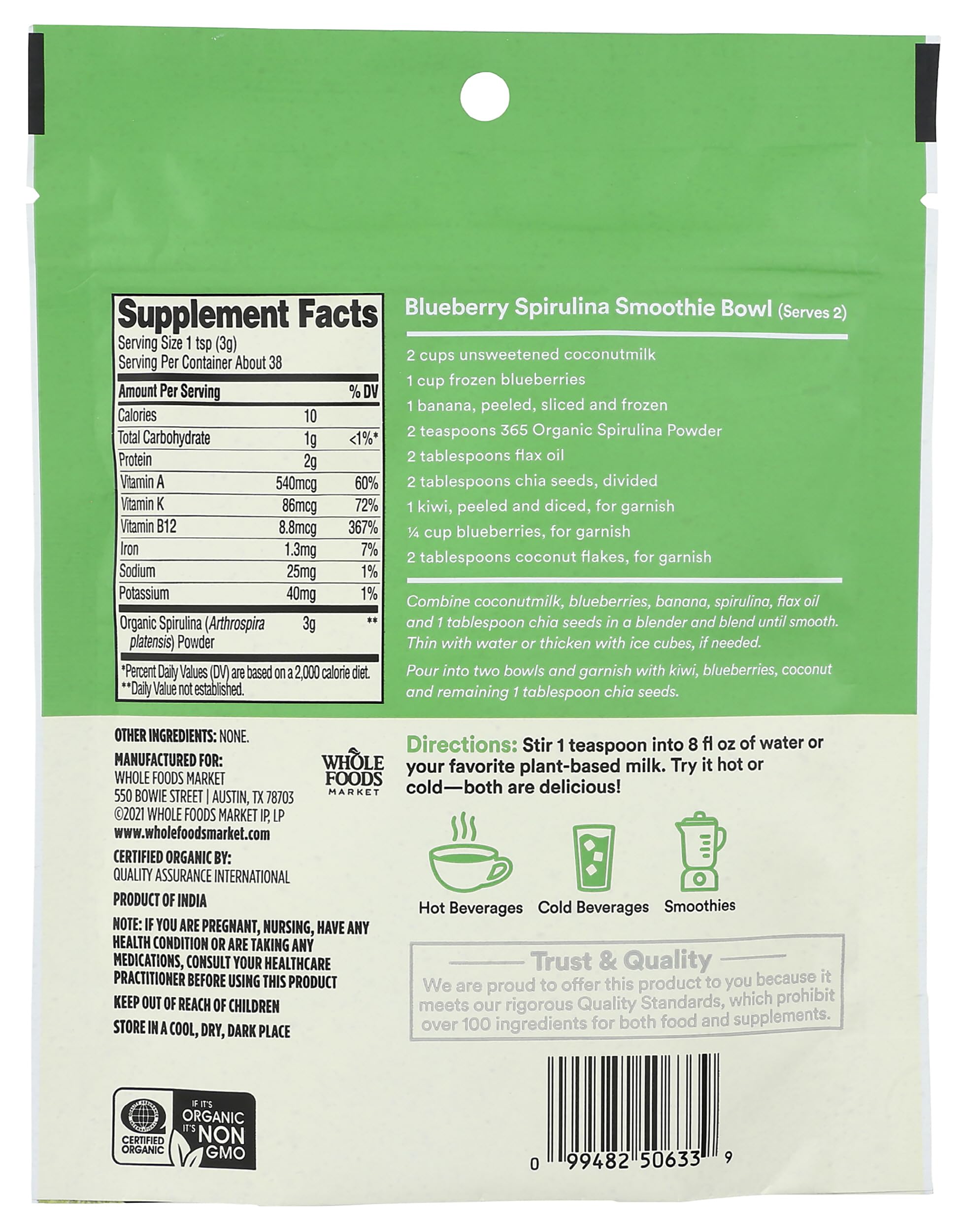 Organic spirulina powder 4 ounce container showing nutritional facts and USDA organic seal