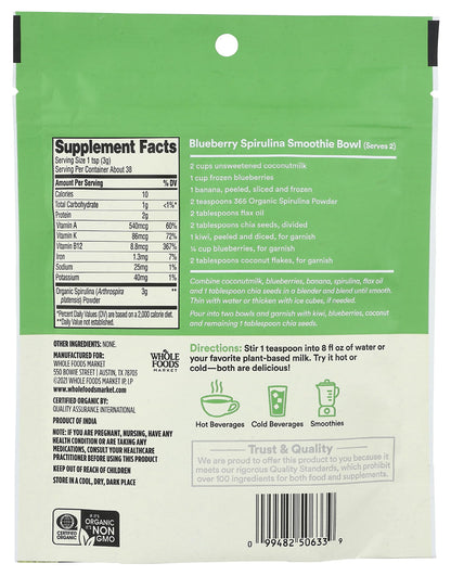 Organic spirulina powder 4 ounce container showing nutritional facts and USDA organic seal
