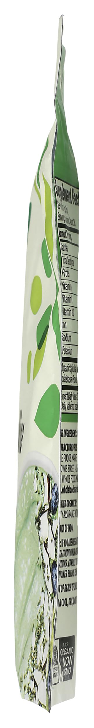Back label of 365 Whole Foods Market spirulina powder detailing clean ingredients list