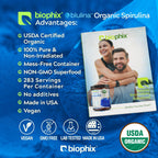 Biophix Blue Spirulina Powder nutritional label showing ingredients and USA manufacturing details.