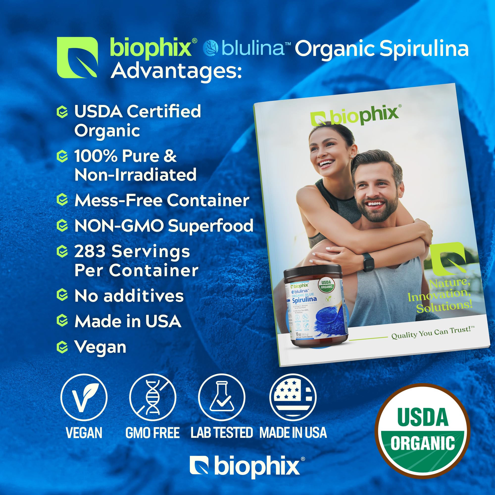 Biophix Blue Spirulina Powder nutritional label showing ingredients and USA manufacturing details.