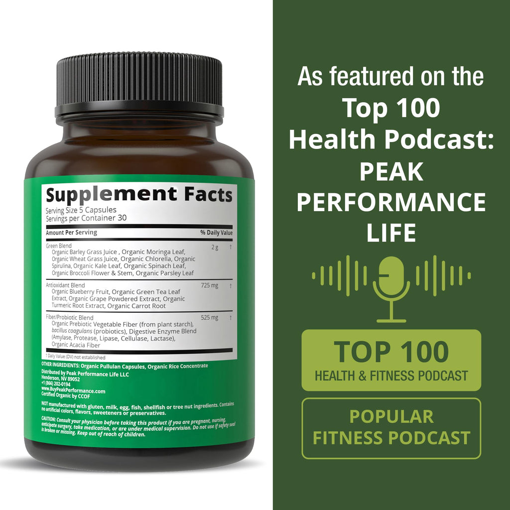 Peak Performance organic super greens juice supplement showcasing its 150 vegan capsules count.