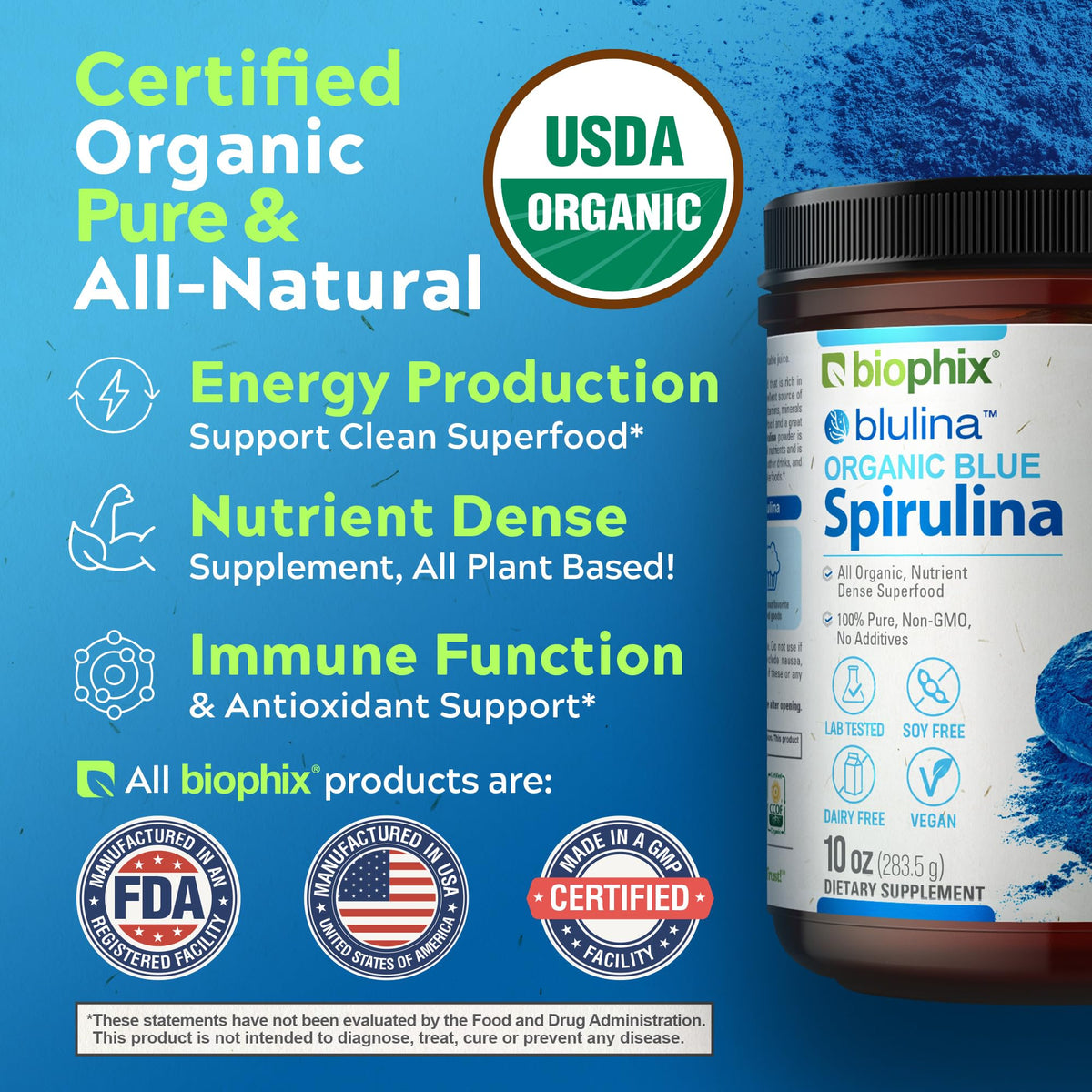 Healthy breakfast smoothie bowl naturally colored with Biophix organic blue-green algae extract.
