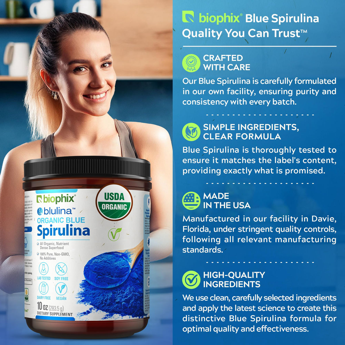 Close up of pure phycocyanin rich Biophix Blulina superfood powder texture.