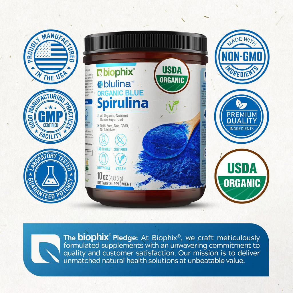 Biophix organic blue spirulina powder packaging showing vegan and non GMO certification badges.