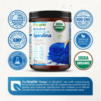 Biophix organic blue spirulina powder packaging showing vegan and non GMO certification badges.