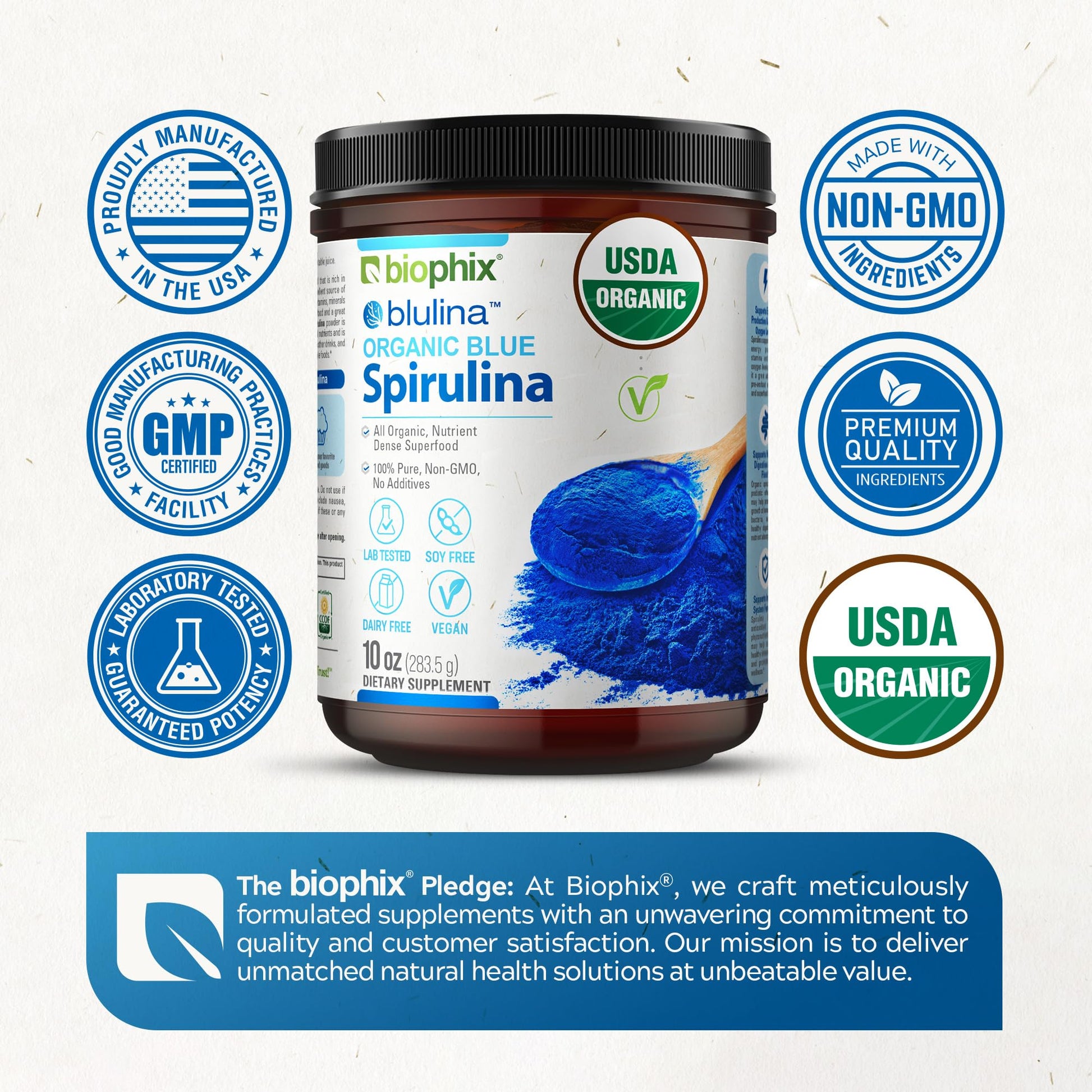 Biophix organic blue spirulina powder packaging showing vegan and non GMO certification badges.
