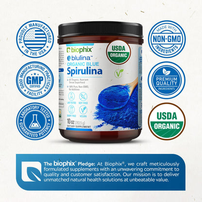 Biophix organic blue spirulina powder packaging showing vegan and non GMO certification badges.