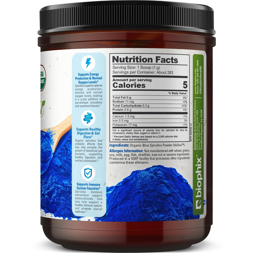 A glass of refreshing morning smoothie blended with authentic imported Biophix blue spirulina.