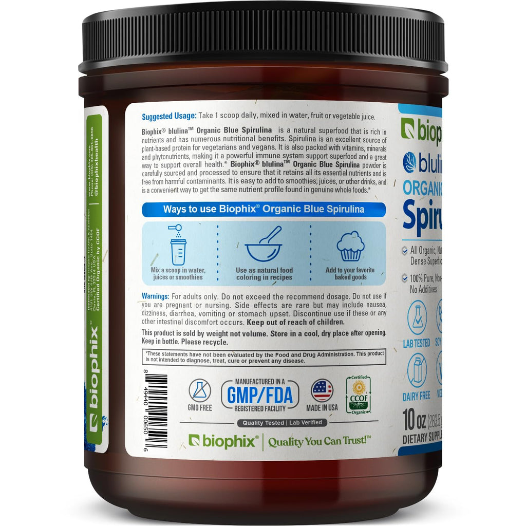 Side view of Biophix Blulina ten ounce jar highlight its two hundred and eighty-three servings value.