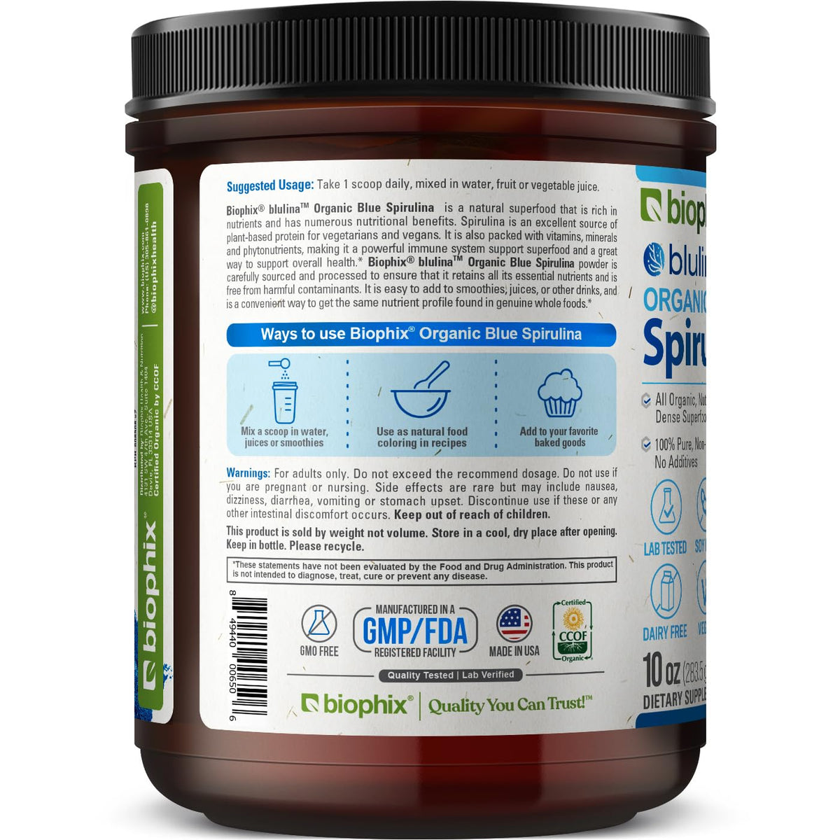 Side view of Biophix Blulina ten ounce jar highlight its two hundred and eighty-three servings value.