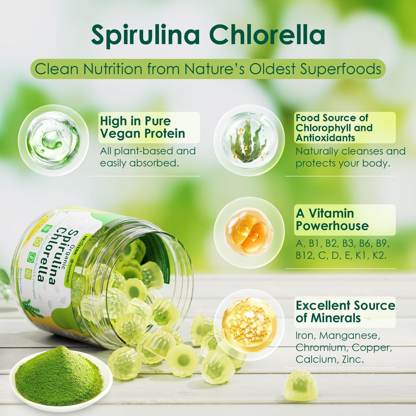 Nextdia vegan protein spirulina chlorella liquid filled chewable gummies