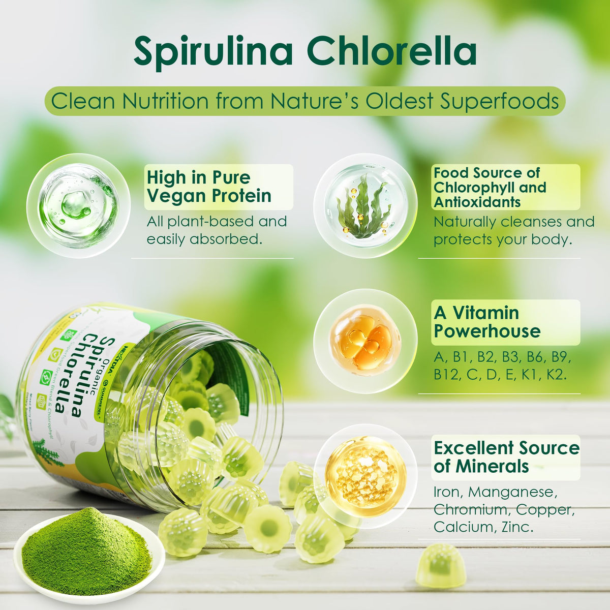 Nextdia vegan protein spirulina chlorella liquid filled chewable gummies