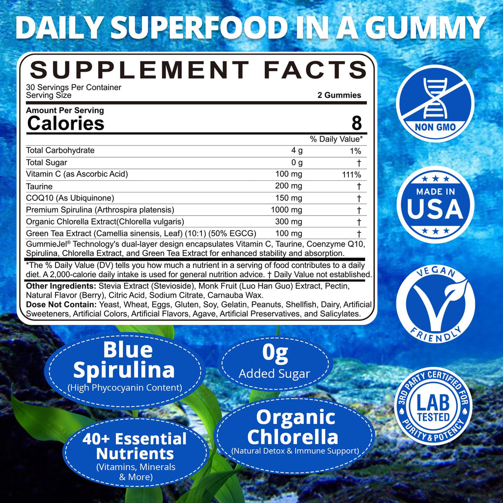 Nextdia Blue Spirulina and Chlorella vegan gummies nutritional facts label
