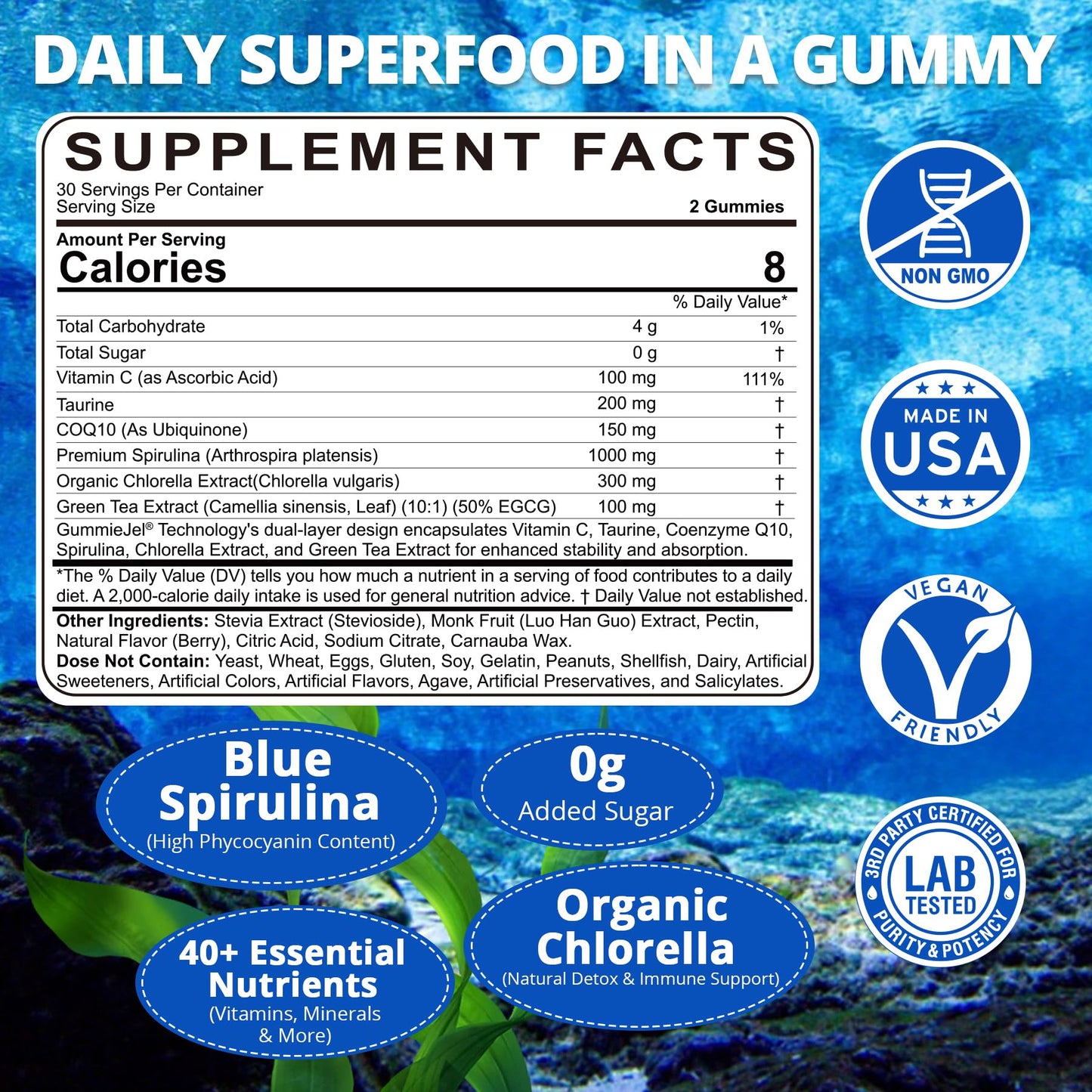Nextdia Blue Spirulina and Chlorella vegan gummies nutritional facts label