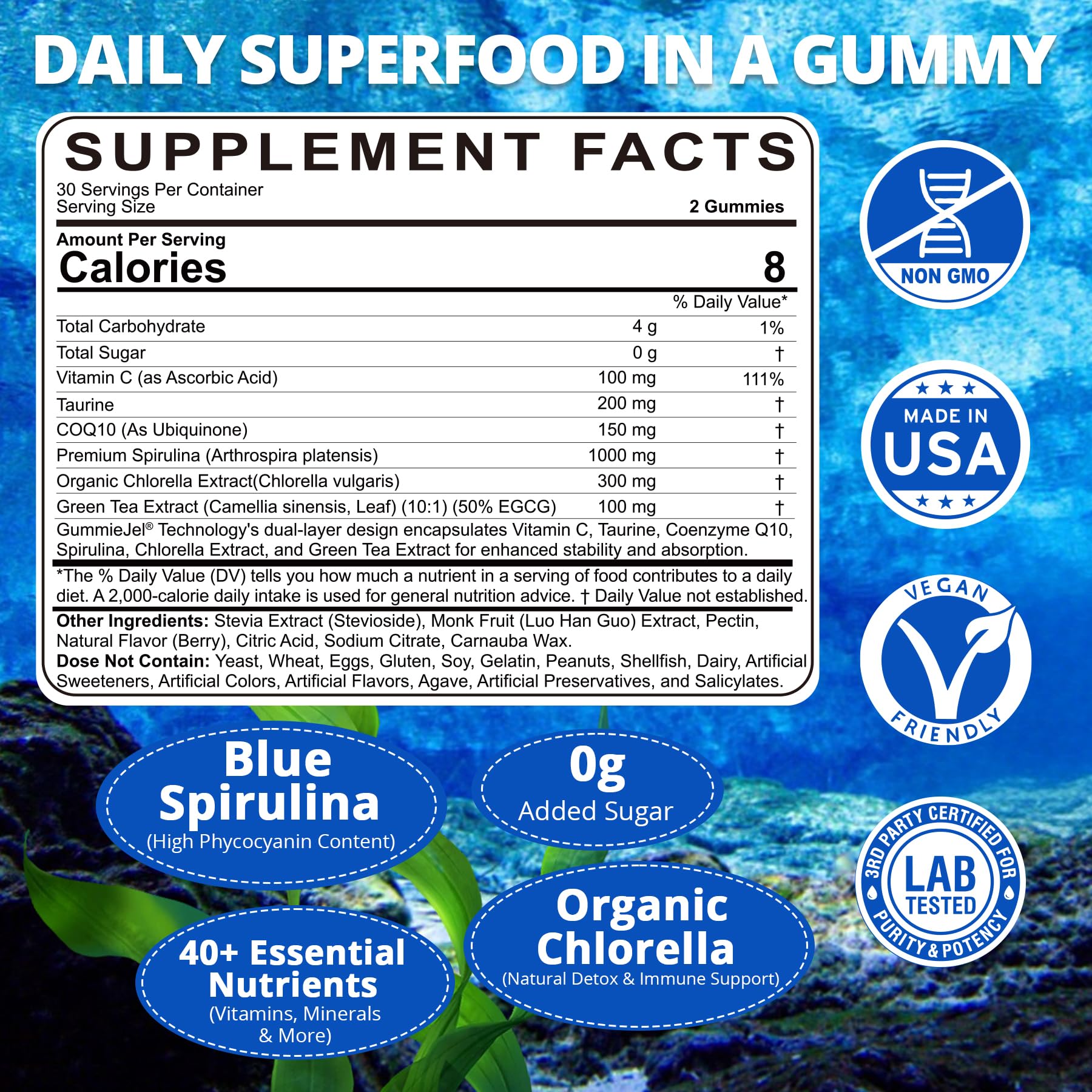 Nextdia Blue Spirulina and Chlorella vegan gummies nutritional facts label