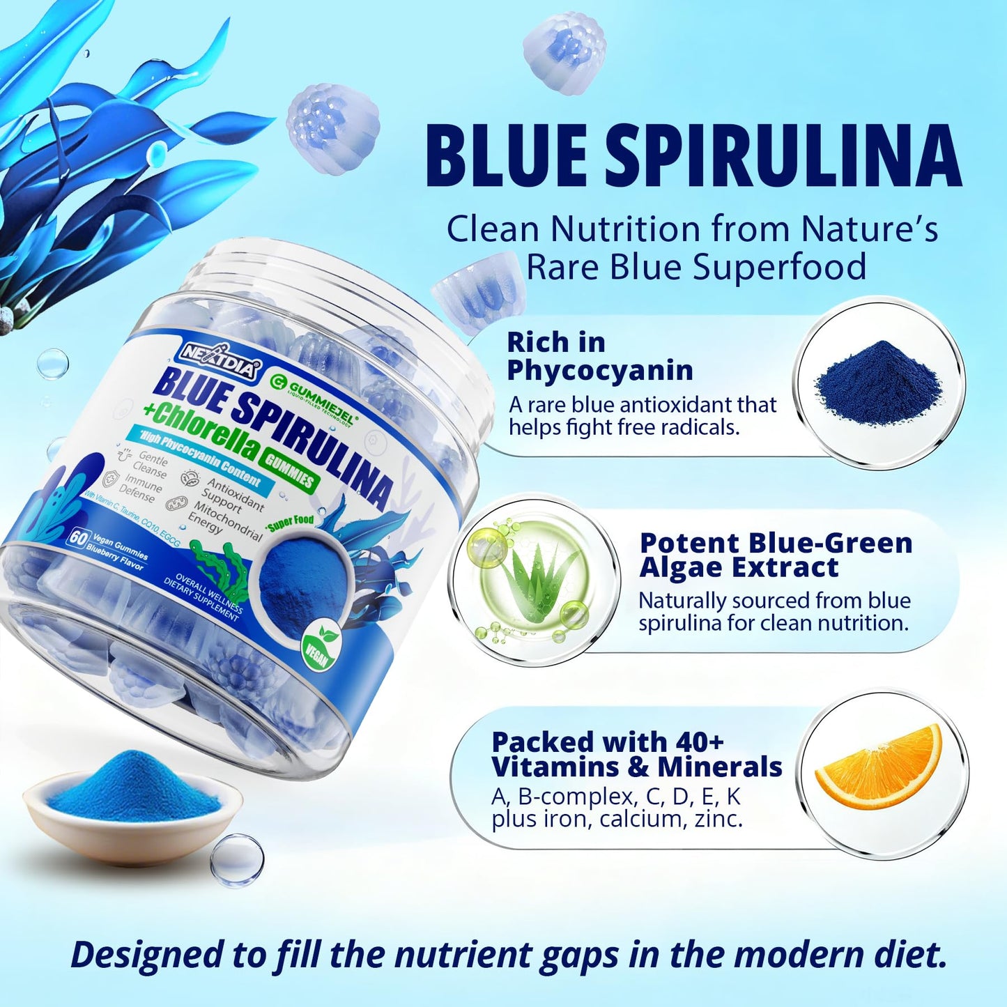 Nextdia blueberry flavor liquid filled wellness gummies close up