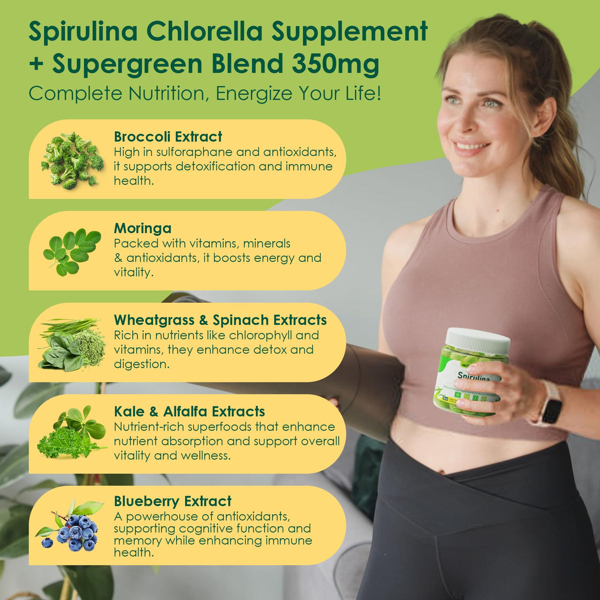 Nextdia vegetarian supergreen blend gummies label view showing vitamins