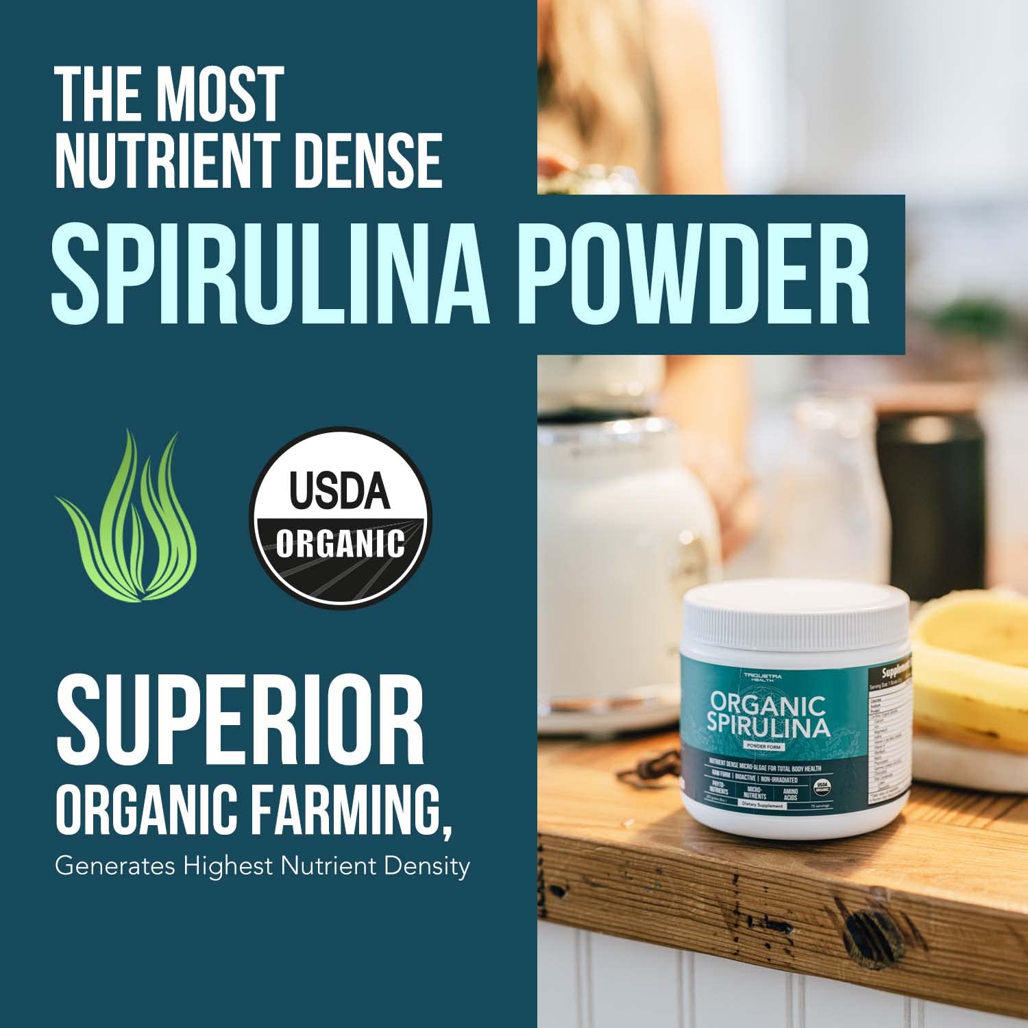 Nutrient dense vegan protein spirulina powder label details