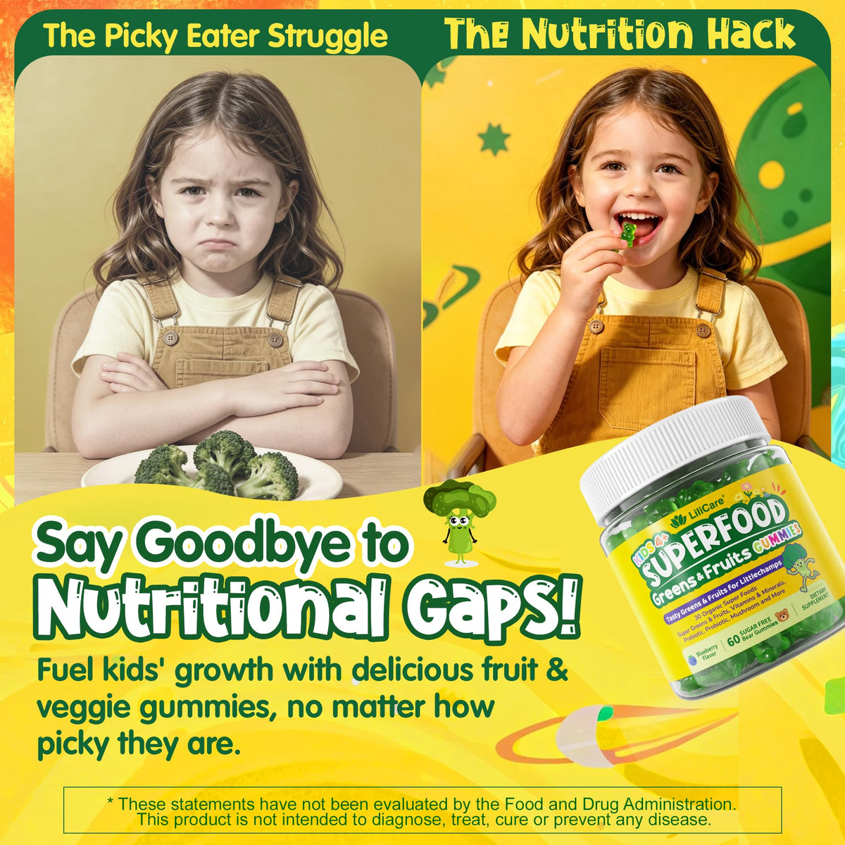 LiliCare children immunity support supplement nutritional facts label displaying vitamins and probiotics.