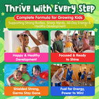 LiliCare kids super greens formula showing organic greens and fruits ingredients blend.