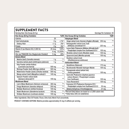 THORNE mint flavored superfood powder jar showcasing the supplement facts and fully transparent label ingredients.