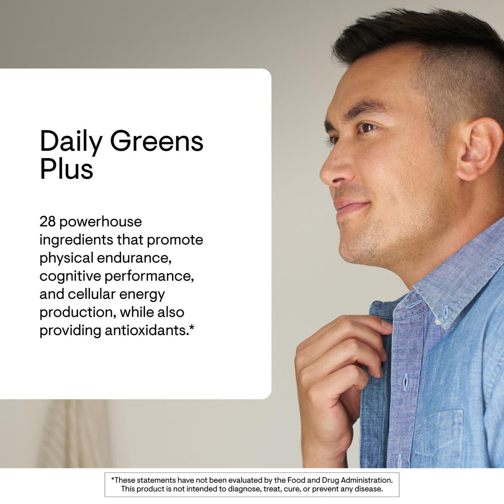 Nutrient dense green supplement powder scoop next to the premium packaging highlighting matcha and spirulina.