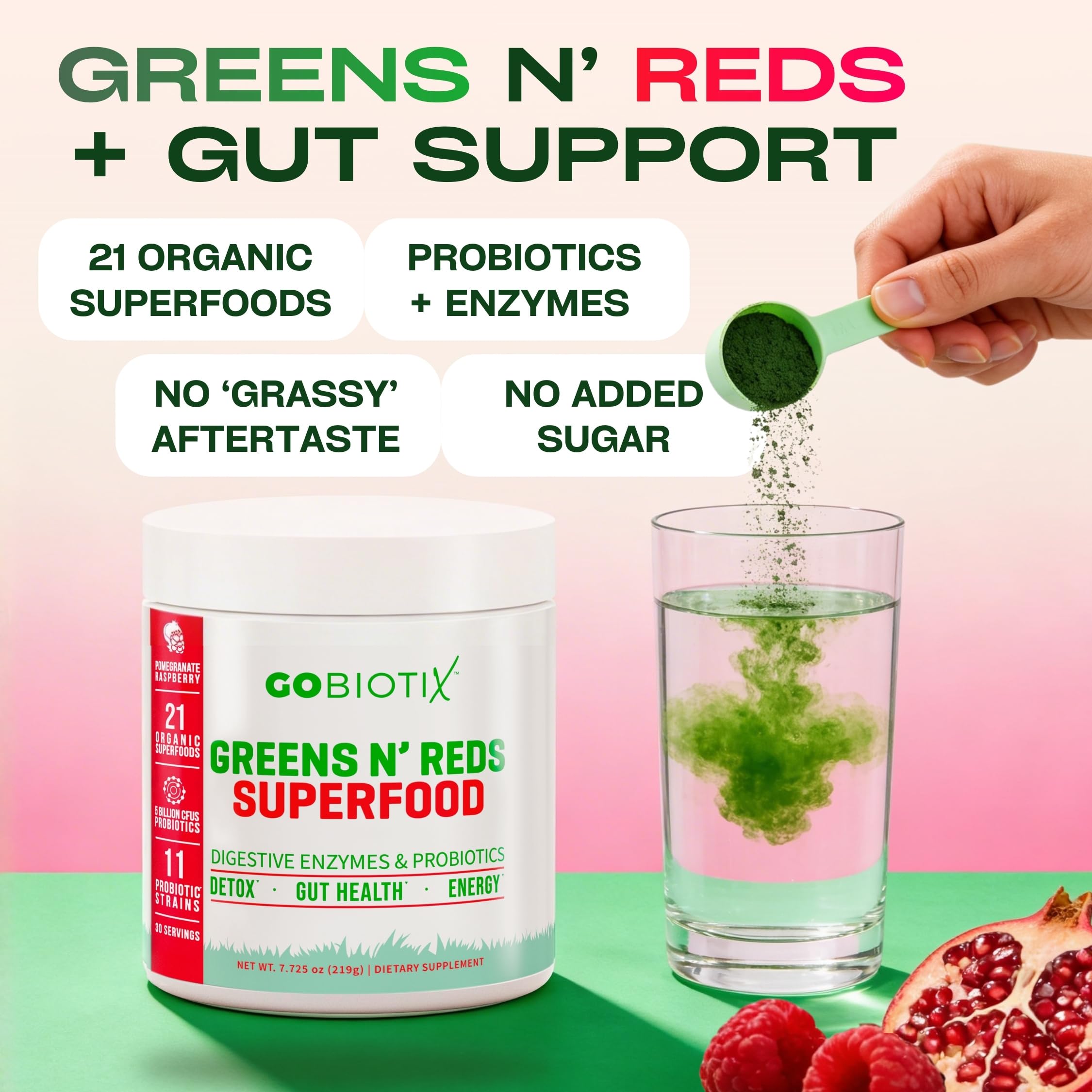 GoBiotix plant based organic greens and reds powder showing nutrition facts panel