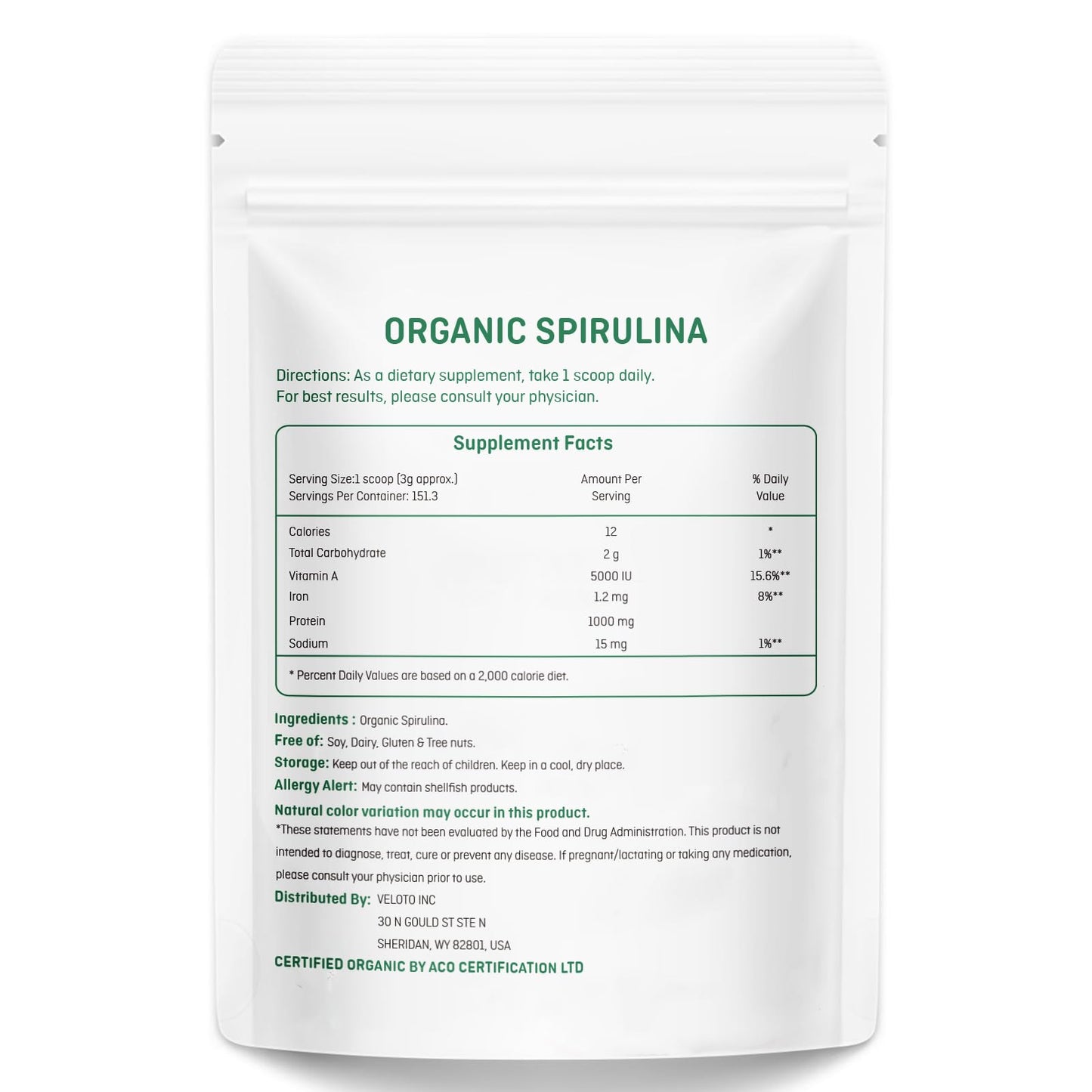 Veloto Organic Spirulina Powder showing nutritional information and vegan protein benefits