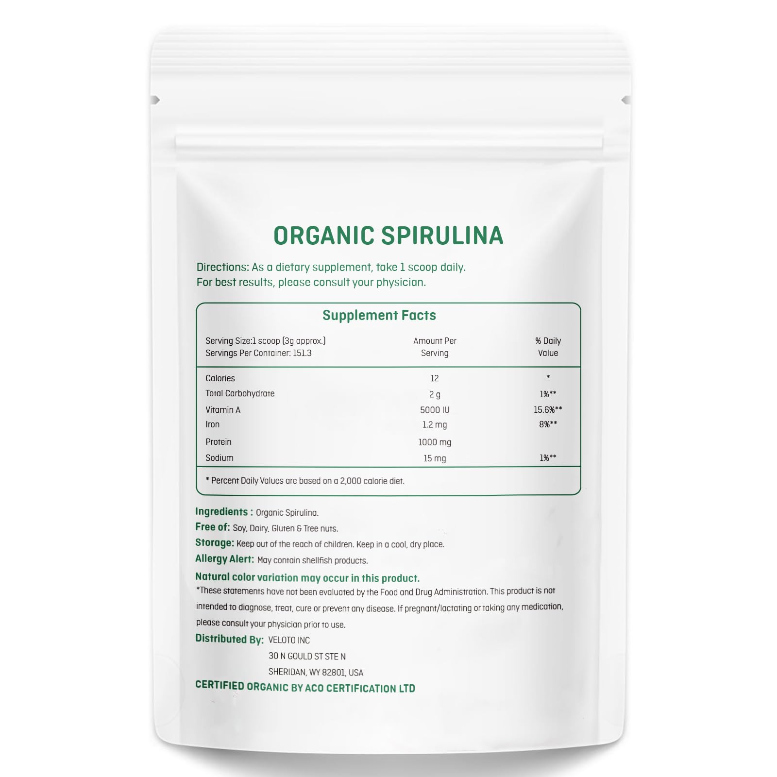 Veloto Organic Spirulina Powder showing nutritional information and vegan protein benefits