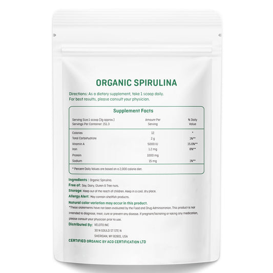 Veloto Organic Spirulina Powder showing nutritional information and vegan protein benefits