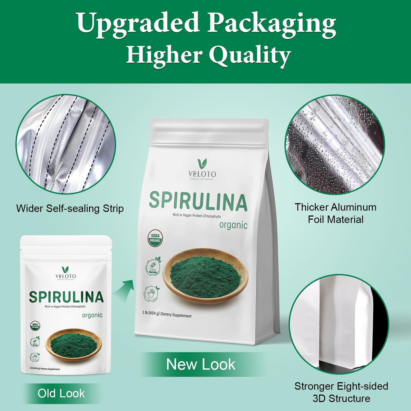 Green spirulina algae powder being scooped with the included measuring spoon